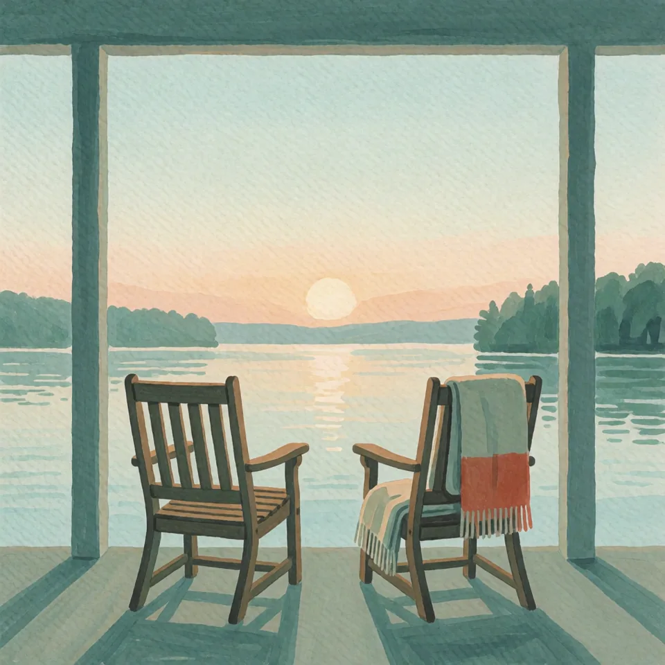 Two porch chairs facing a still lake at dawn