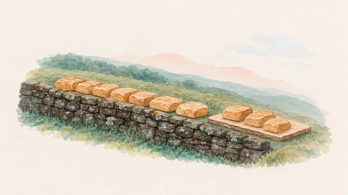 Illustration: A dry-stone wall with a settled lower course and a new amber-lit upper course of stones being placed.