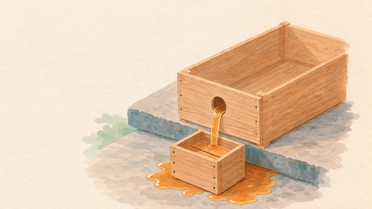 Illustration: amber liquid pours from a large crate into a small leaking box on stone, most pooling outside the box.