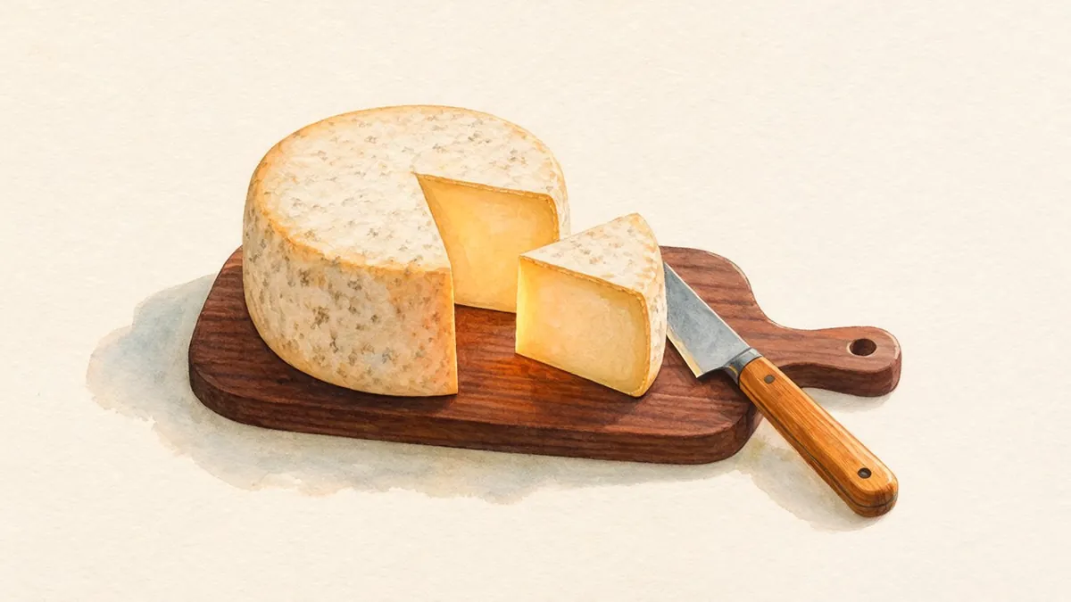 Illustration: A round cheese wheel, one wedge cut free, and a paring knife on wood, lit with warm amber