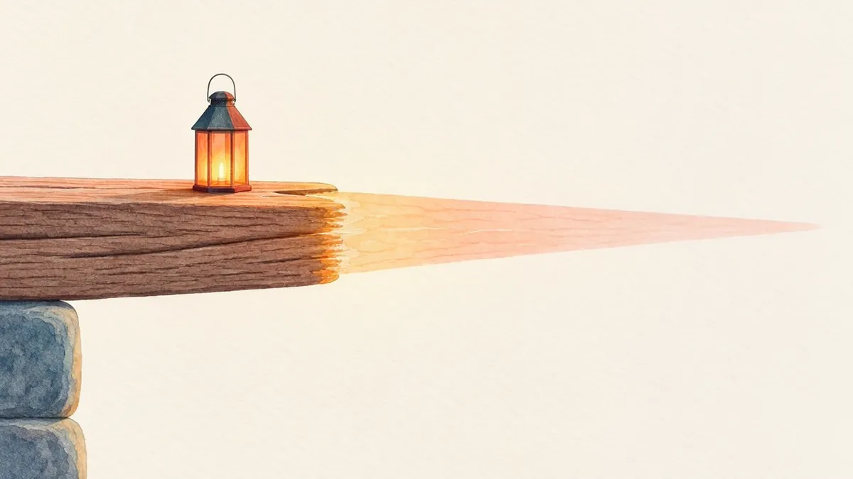 Illustration: A plank on a stone block thins to a sliver as it extends, lit amber where it tapers.