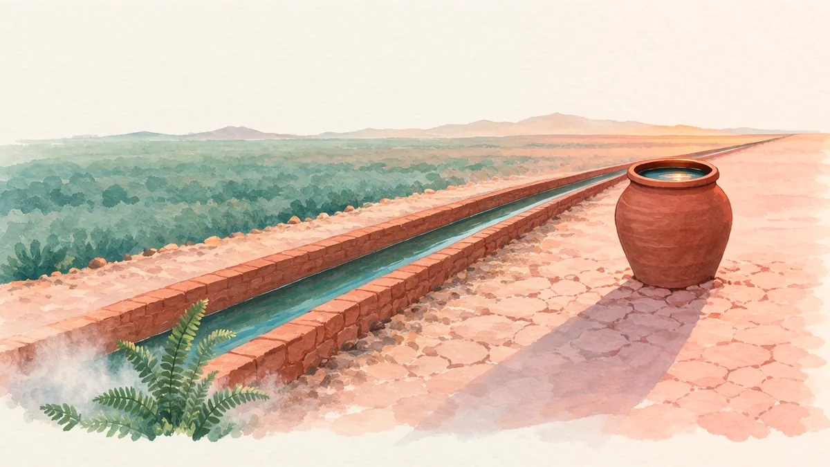 Illustration: A steady stone water channel beside a brimming clay jug on dry cracked earth.