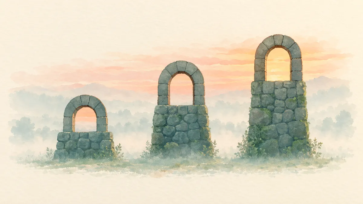 Illustration: Three identical stone archways on pillars of different heights in mist, amber sky visible through each.