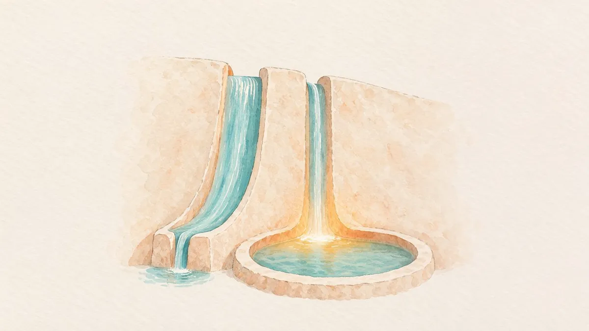 Illustration: Twin stone channels in a wall, left narrows down, right widens into an amber-lit basin